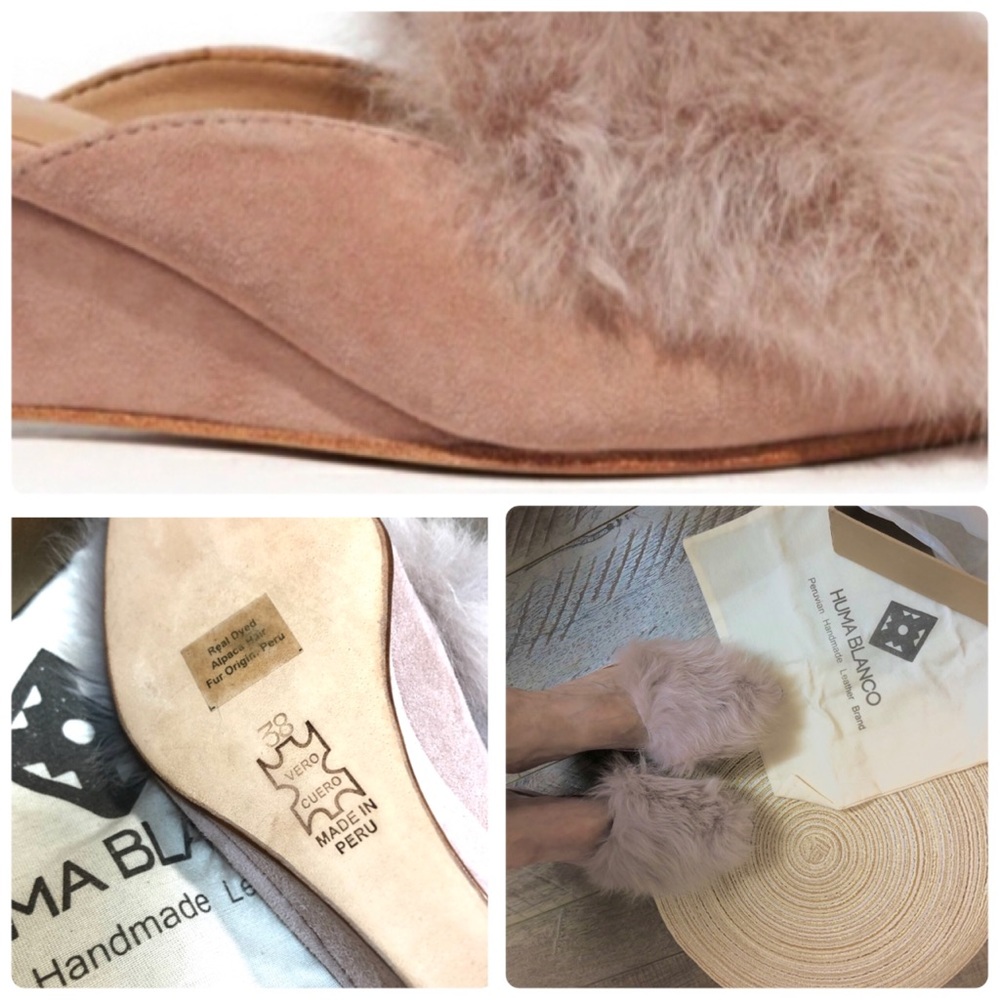 Huma Blanco pink rose fur slides Antonia cruelty free alpaca Peru handmade suede - Picture 11 of 16